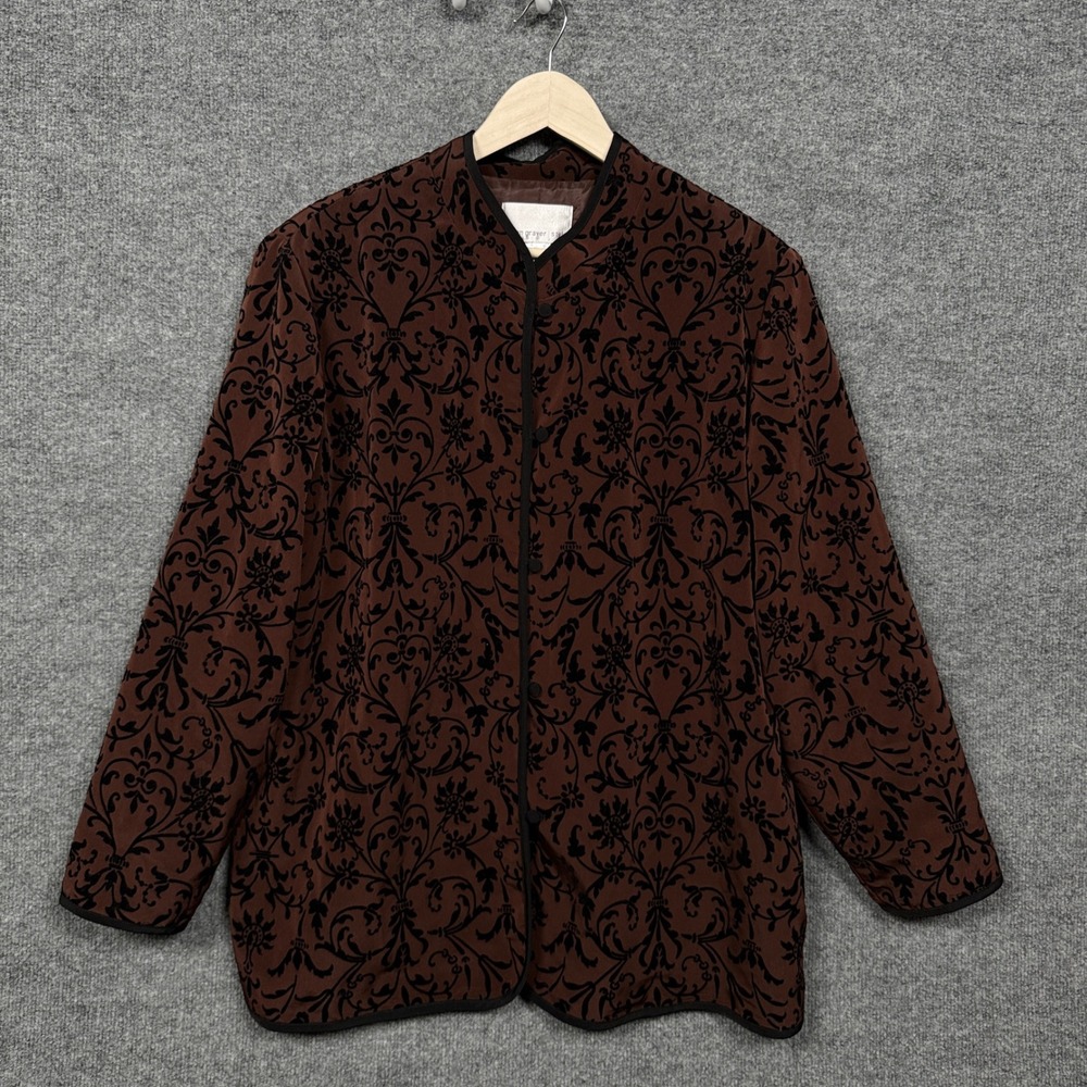 Susan Graver Womens Plus Size 1X Jacket Brown Velvet Burnout Mandarin Collar